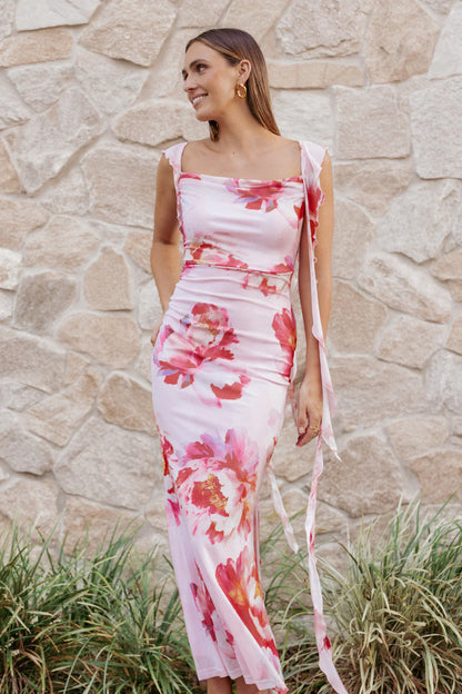 Elegant Square Neck Ruffle Strap Open Back Floral Print Mesh Maxi Prom Dress For Formal Evening Wedding Guest Bridesmaid Cocktail Party