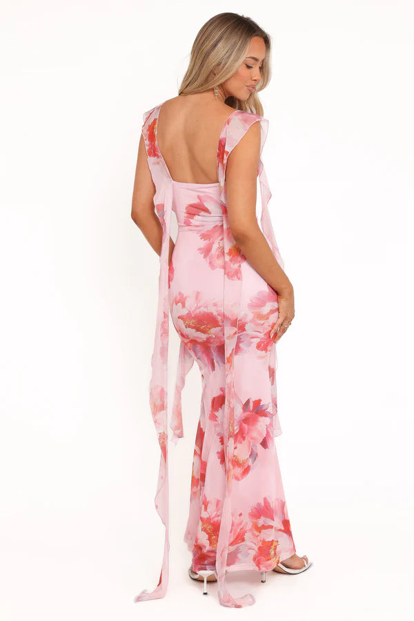 Elegant Square Neck Ruffle Strap Open Back Floral Print Mesh Maxi Prom Dress For Formal Evening Wedding Guest Bridesmaid Cocktail Party