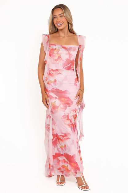 Elegant Square Neck Ruffle Strap Open Back Floral Print Mesh Maxi Prom Dress For Formal Evening Wedding Guest Bridesmaid Cocktail Party
