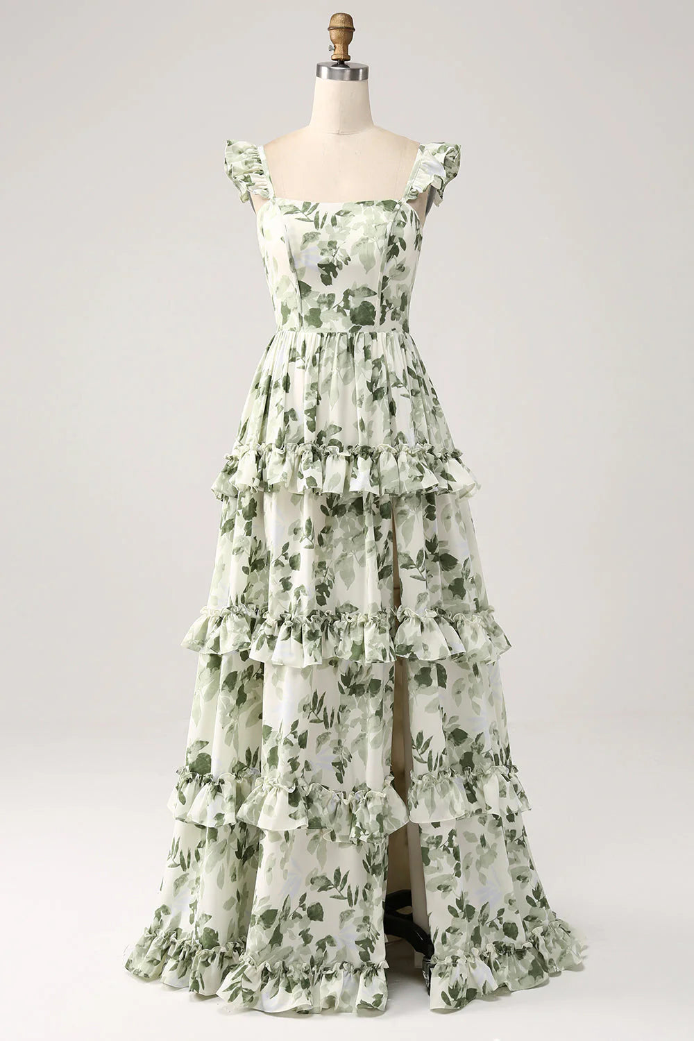 Elegant Square Neck Ruffle Strap Tiered Ruffle Leaf Print Chiffon Evening Dress