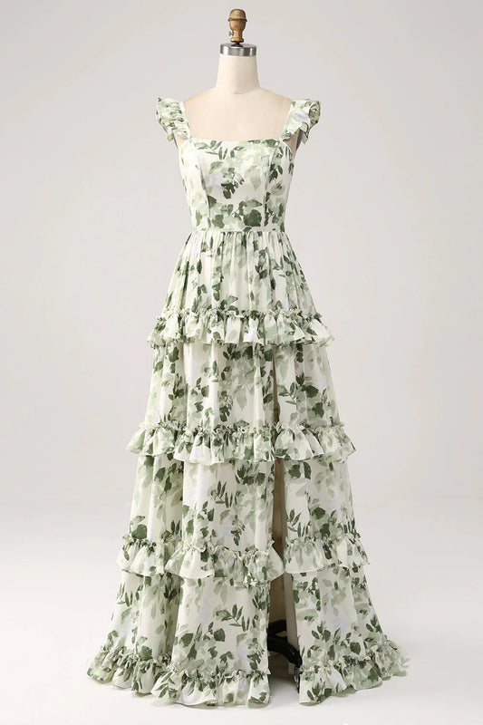 Elegant Square Neck Ruffle Strap Tiered Ruffle Leaf Print Chiffon Evening Dress