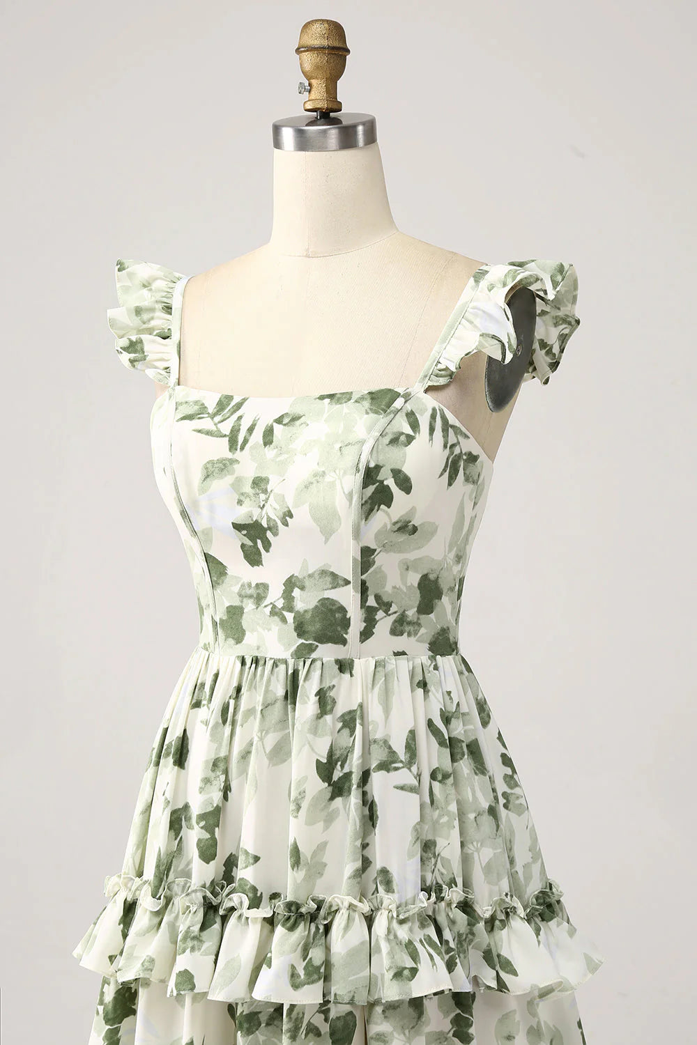 Elegant Square Neck Ruffle Strap Tiered Ruffle Leaf Print Chiffon Evening Dress