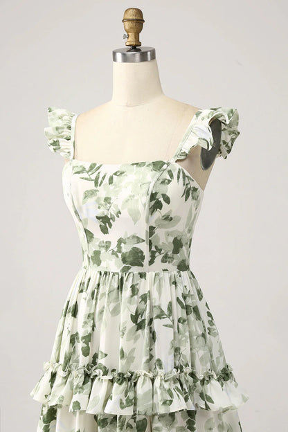 Elegant Square Neck Ruffle Strap Tiered Ruffle Leaf Print Chiffon Evening Dress