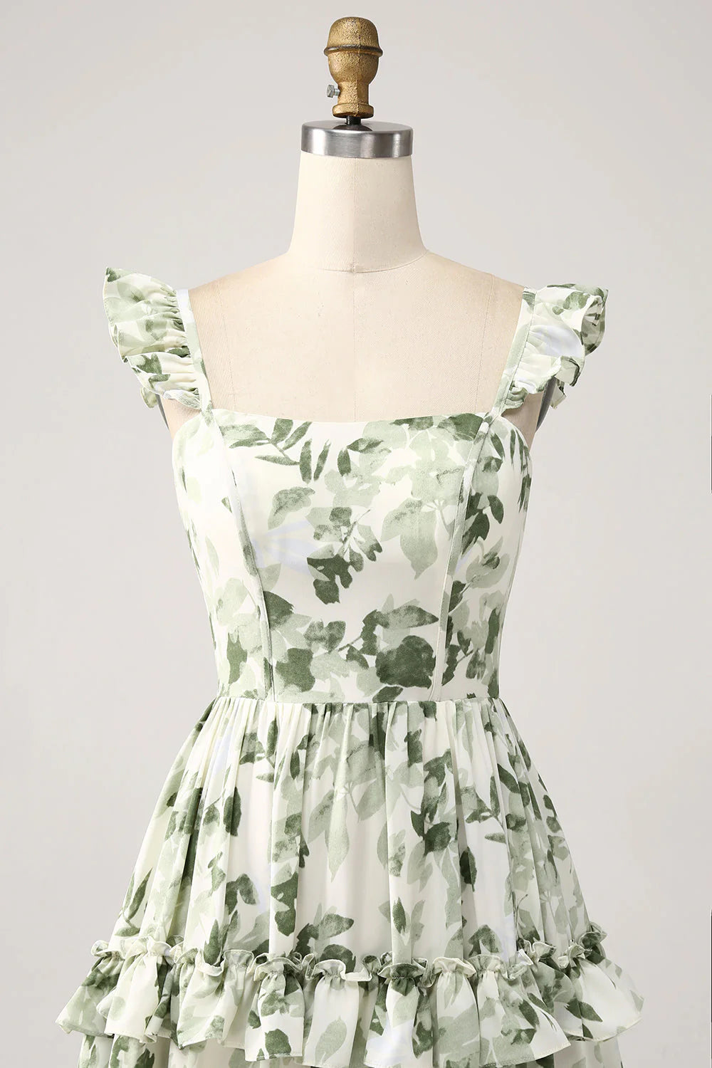 Elegant Square Neck Ruffle Strap Tiered Ruffle Leaf Print Chiffon Evening Dress