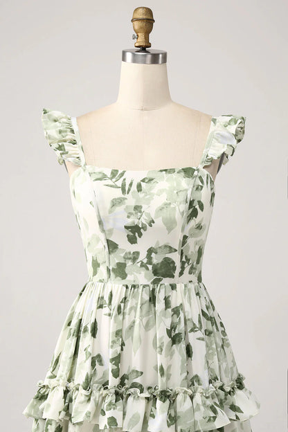 Elegant Square Neck Ruffle Strap Tiered Ruffle Leaf Print Chiffon Evening Dress