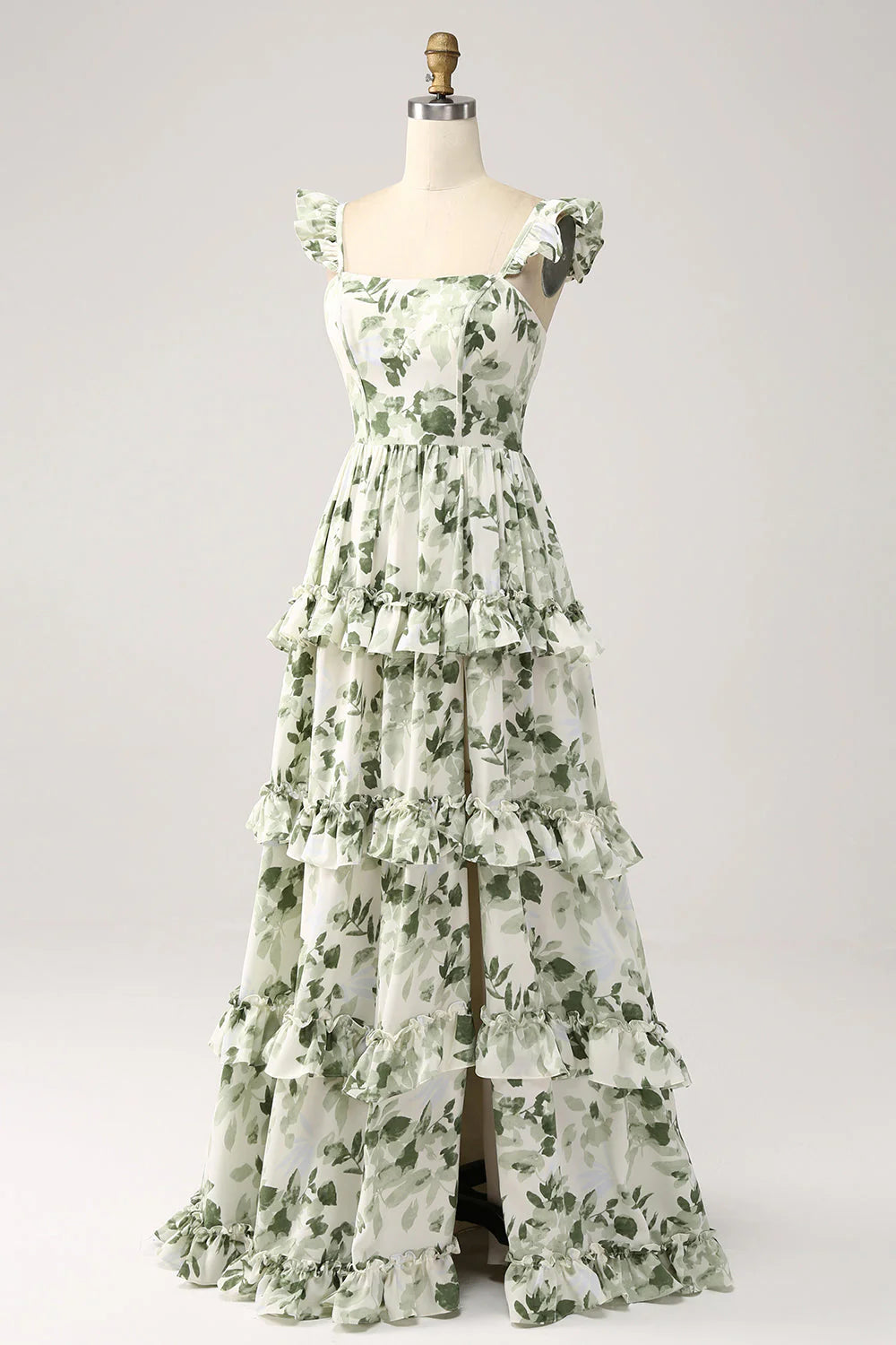 Elegant Square Neck Ruffle Strap Tiered Ruffle Leaf Print Chiffon Evening Dress