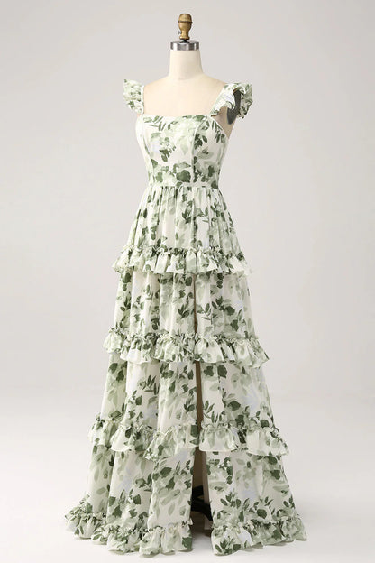 Elegant Square Neck Ruffle Strap Tiered Ruffle Leaf Print Chiffon Evening Dress