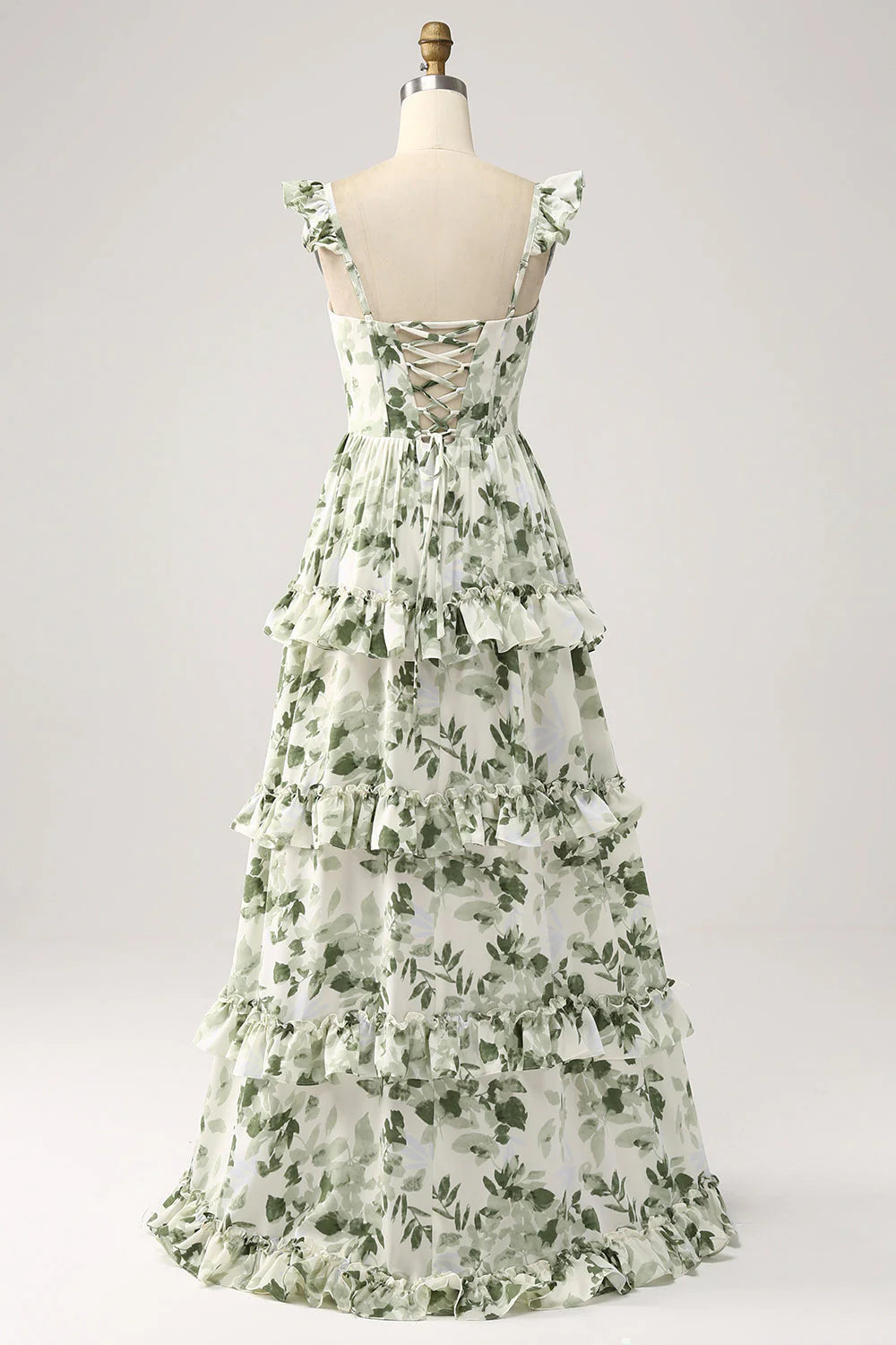 Elegant Square Neck Ruffle Strap Tiered Ruffle Leaf Print Chiffon Evening Dress