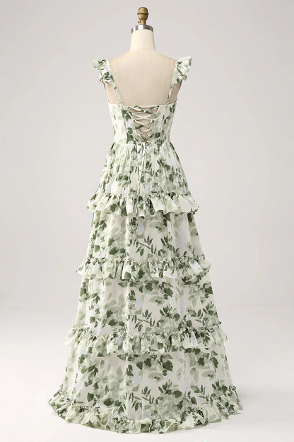 Elegant Square Neck Ruffle Strap Tiered Ruffle Leaf Print Chiffon Evening Dress