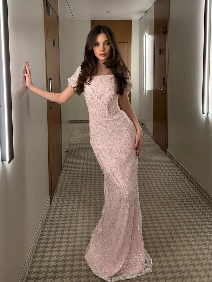 Elegant Square Neck Short Sleeve Puff Sleeve Fully Beaded Sequined Mermaid Maxi Prom Dress For Formal Evening Red Carpet
