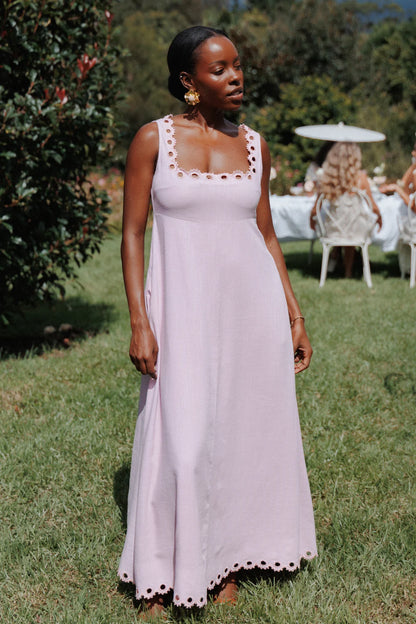 Elegant Square Neck Sleeveless Eyelet Trim Linen Blend Maxi Prom Dress For Formal Evening Wedding Guest Bridesmaid Cocktail Party