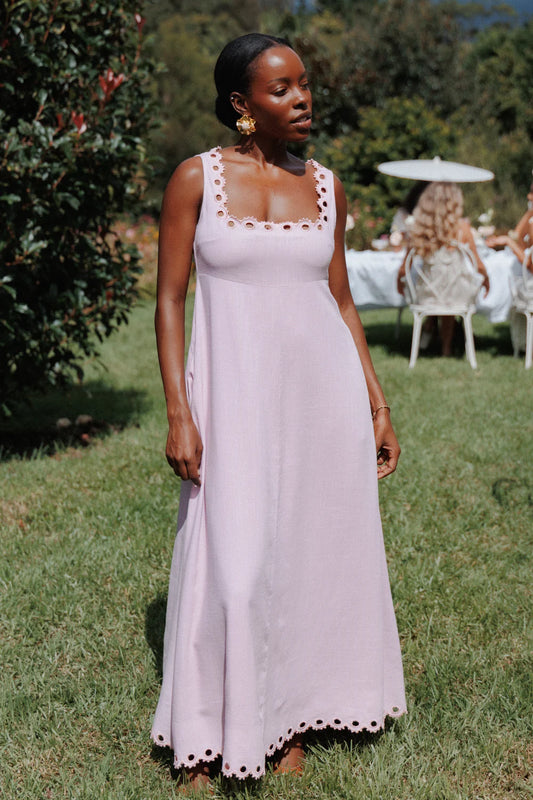 Elegant Square Neck Sleeveless Eyelet Trim Linen Blend Maxi Prom Dress For Formal Evening Wedding Guest Bridesmaid Cocktail Party