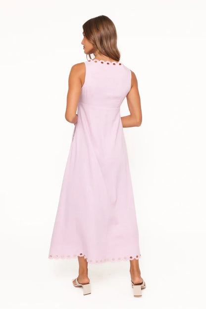 Elegant Square Neck Sleeveless Eyelet Trim Linen Blend Maxi Prom Dress For Formal Evening Wedding Guest Bridesmaid Cocktail Party