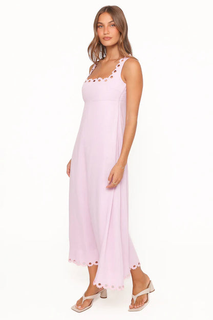 Elegant Square Neck Sleeveless Eyelet Trim Linen Blend Maxi Prom Dress For Formal Evening Wedding Guest Bridesmaid Cocktail Party