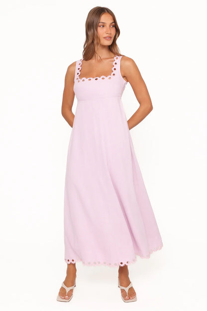 Elegant Square Neck Sleeveless Eyelet Trim Linen Blend Maxi Prom Dress For Formal Evening Wedding Guest Bridesmaid Cocktail Party