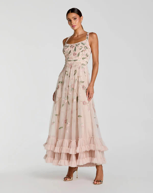Elegant Square Neck Sleeveless Floral Embroidered Ruffle Tiered Maxi Prom Dress For Formal Evening Gala Wedding Guest Bridesmaid
