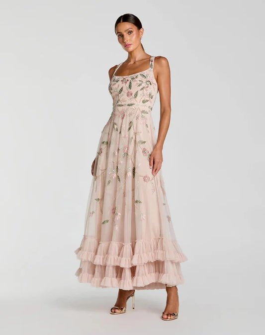 Elegant Square Neck Sleeveless Floral Embroidered Ruffle Tiered Maxi Prom Dress For Formal Evening Gala Wedding Guest Bridesmaid