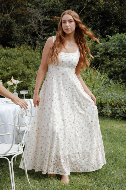 Elegant Square Neck Sleeveless Floral Print Lace A-Line Maxi Prom Dress For Formal Evening Wedding Guest Bridesmaid Cocktail Party
