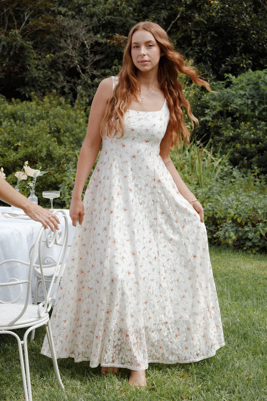 Elegant Square Neck Sleeveless Floral Print Lace A-Line Maxi Prom Dress For Formal Evening Wedding Guest Bridesmaid Cocktail Party