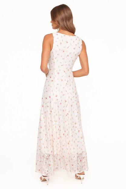 Elegant Square Neck Sleeveless Floral Print Lace A-Line Maxi Prom Dress For Formal Evening Wedding Guest Bridesmaid Cocktail Party