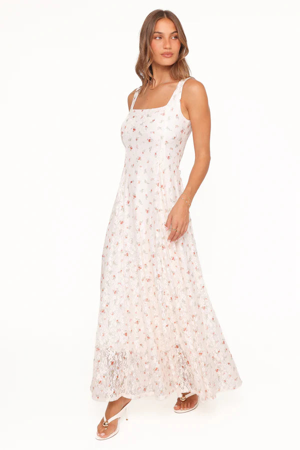 Elegant Square Neck Sleeveless Floral Print Lace A-Line Maxi Prom Dress For Formal Evening Wedding Guest Bridesmaid Cocktail Party