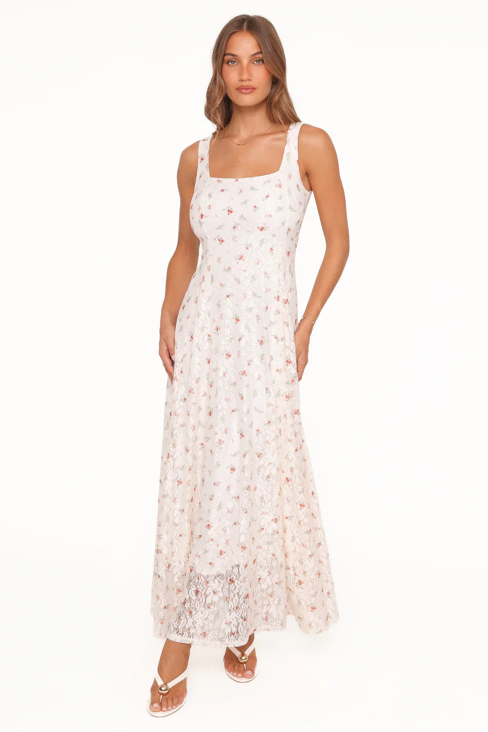Elegant Square Neck Sleeveless Floral Print Lace A-Line Maxi Prom Dress For Formal Evening Wedding Guest Bridesmaid Cocktail Party