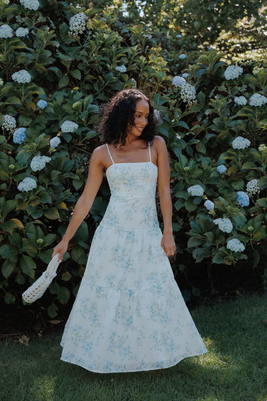 Elegant Square Neck Spaghetti Strap Floral Print Eyelet Tiered Ruffle Maxi Prom Dress For Formal Evening Wedding Guest Bridesmaid Cocktail Party
