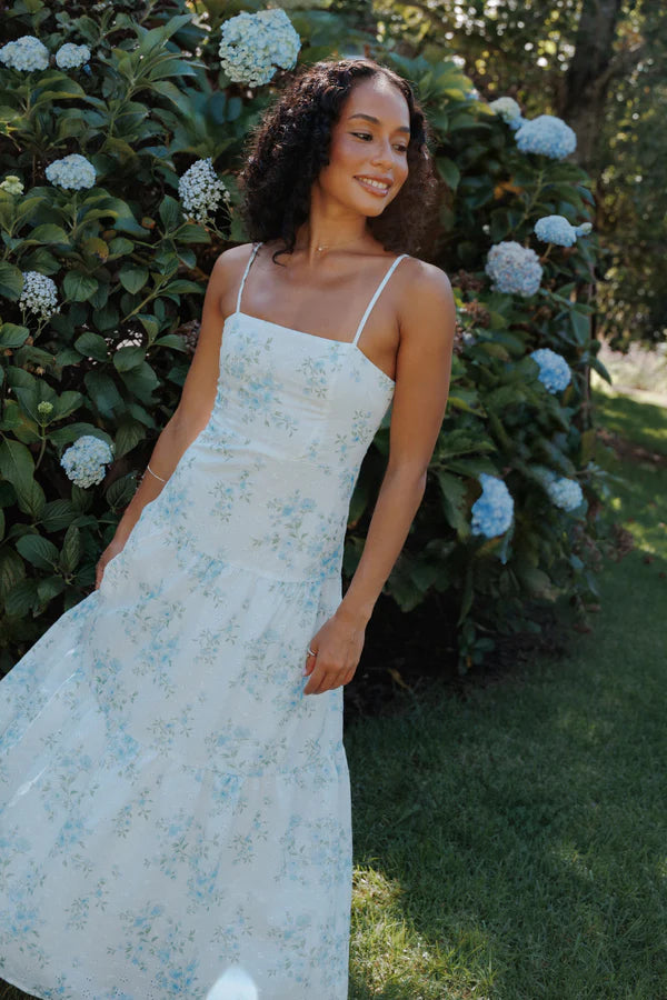 Elegant Square Neck Spaghetti Strap Floral Print Eyelet Tiered Ruffle Maxi Prom Dress For Formal Evening Wedding Guest Bridesmaid Cocktail Party