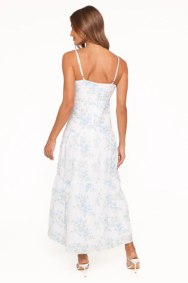 Elegant Square Neck Spaghetti Strap Floral Print Eyelet Tiered Ruffle Maxi Prom Dress For Formal Evening Wedding Guest Bridesmaid Cocktail Party