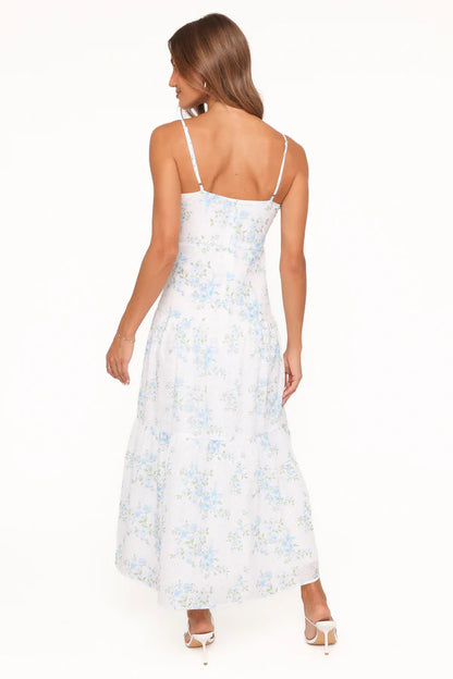 Elegant Square Neck Spaghetti Strap Floral Print Eyelet Tiered Ruffle Maxi Prom Dress For Formal Evening Wedding Guest Bridesmaid Cocktail Party