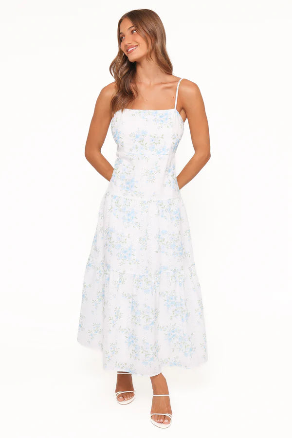 Elegant Square Neck Spaghetti Strap Floral Print Eyelet Tiered Ruffle Maxi Prom Dress For Formal Evening Wedding Guest Bridesmaid Cocktail Party