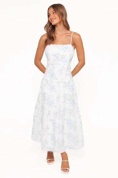 Elegant Square Neck Spaghetti Strap Floral Print Eyelet Tiered Ruffle Maxi Prom Dress For Formal Evening Wedding Guest Bridesmaid Cocktail Party