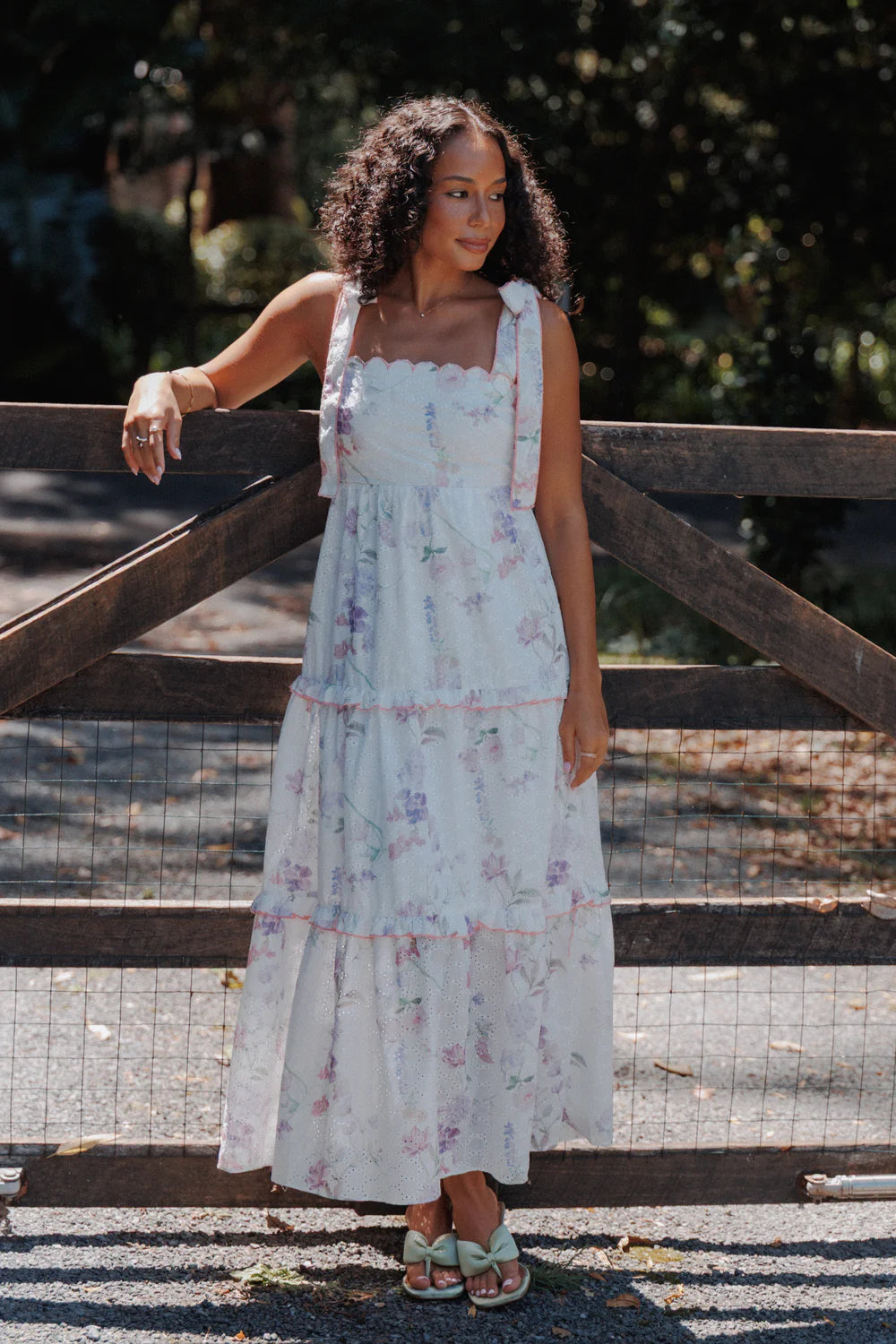 Elegant Square Neck Tie Strap Floral Print Eyelet Tiered Ruffle Maxi Prom Dress For Formal Evening Wedding Guest Bridesmaid Cocktail Party