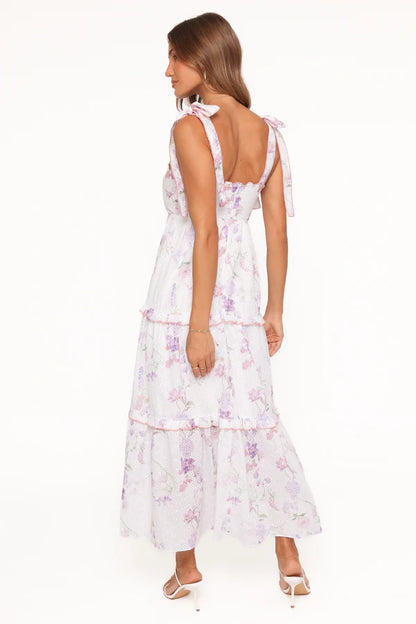 Elegant Square Neck Tie Strap Floral Print Eyelet Tiered Ruffle Maxi Prom Dress For Formal Evening Wedding Guest Bridesmaid Cocktail Party