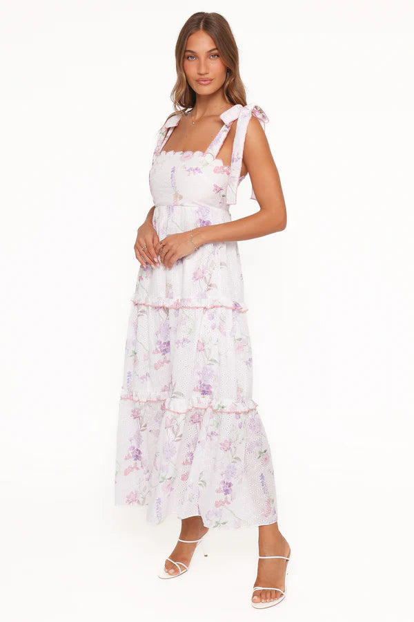 Elegant Square Neck Tie Strap Floral Print Eyelet Tiered Ruffle Maxi Prom Dress For Formal Evening Wedding Guest Bridesmaid Cocktail Party