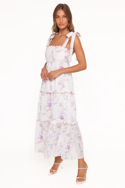 Elegant Square Neck Tie Strap Floral Print Eyelet Tiered Ruffle Maxi Prom Dress For Formal Evening Wedding Guest Bridesmaid Cocktail Party