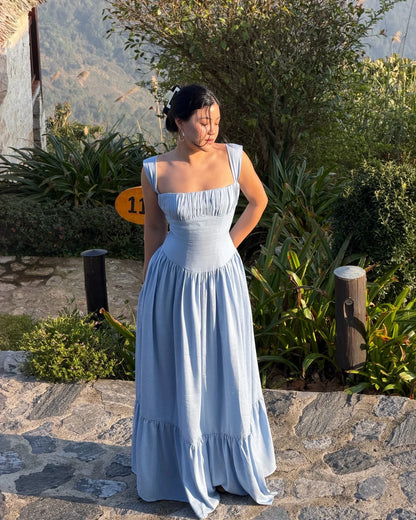 Elegant Square Neck Wide Strap Ruched Bodice Tiered A Line Maxi Prom Dress For Formal Evening Wedding Guest