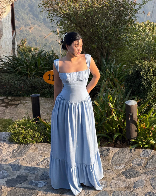 Elegant Square Neck Wide Strap Ruched Bodice Tiered A Line Maxi Prom Dress For Formal Evening Wedding Guest