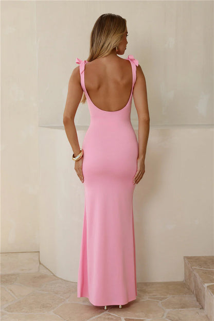 Elegant Square Neckline Bow Shoulder Strap Open Back Mermaid Maxi Evening Dress For Formal Evening Prom Wedding Guest Bridesmaid Cocktail Party Gala