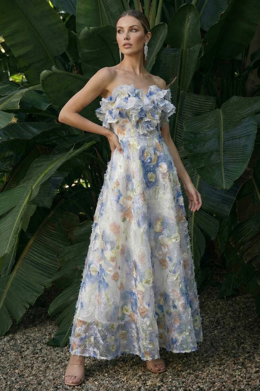 Elegant Strapless 3D Floral Applique Colorful Floral Embroidered Frayed Trim A-Line Maxi Prom Dress