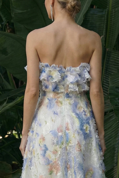 Elegant Strapless 3D Floral Applique Colorful Floral Embroidered Frayed Trim A-Line Maxi Prom Dress
