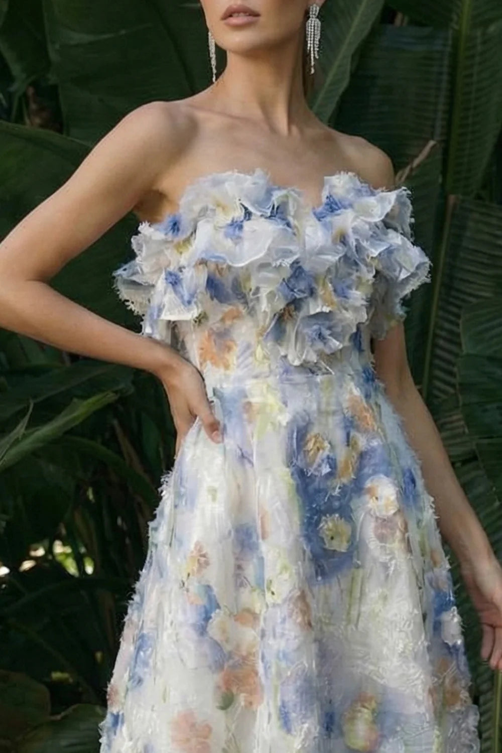Elegant Strapless 3D Floral Applique Colorful Floral Embroidered Frayed Trim A-Line Maxi Prom Dress
