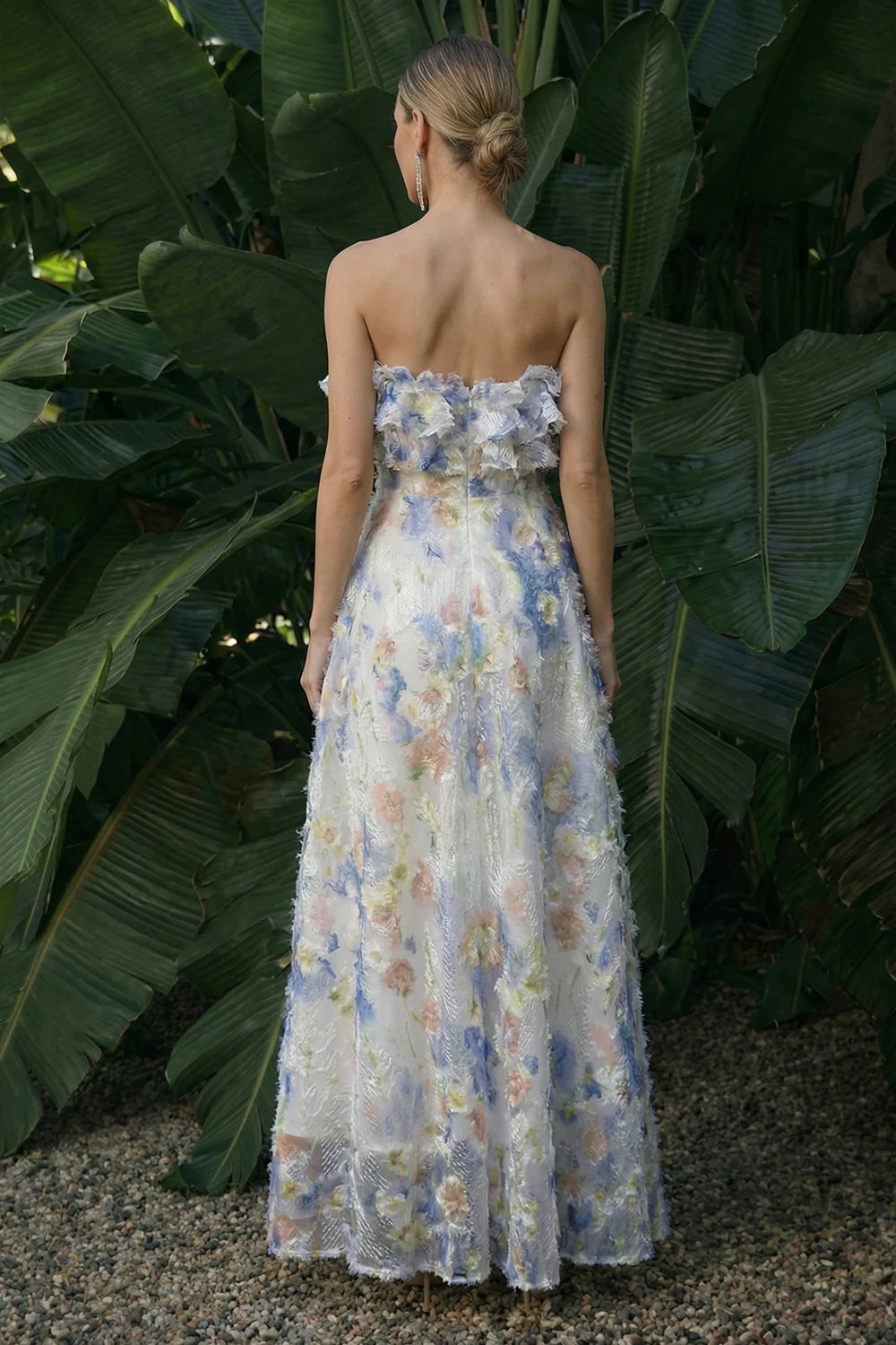 Elegant Strapless 3D Floral Applique Colorful Floral Embroidered Frayed Trim A-Line Maxi Prom Dress