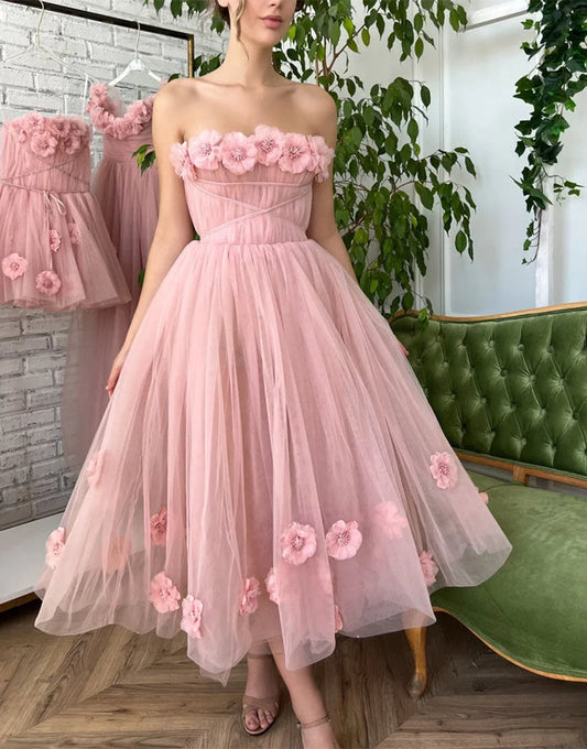 Elegant Strapless 3D Floral Applique Tulle A Line Midi Prom Dress For Formal Evening Gala Wedding Guest Bridesmaid
