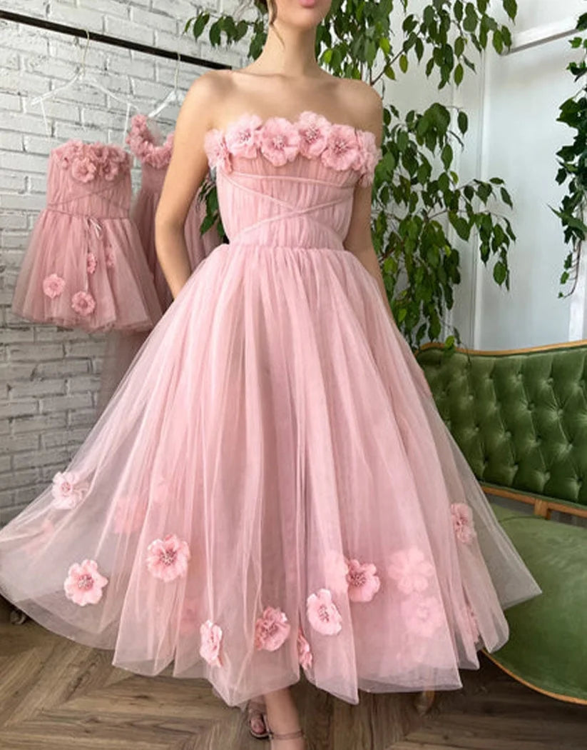 Elegant Strapless 3D Floral Applique Tulle A Line Midi Prom Dress For Formal Evening Gala Wedding Guest Bridesmaid