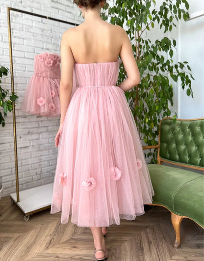 Elegant Strapless 3D Floral Applique Tulle A Line Midi Prom Dress For Formal Evening Gala Wedding Guest Bridesmaid