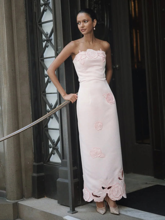 Elegant Strapless 3D Rose Applique Bodycon Maxi Prom Dress For Formal Evening Wedding Guest