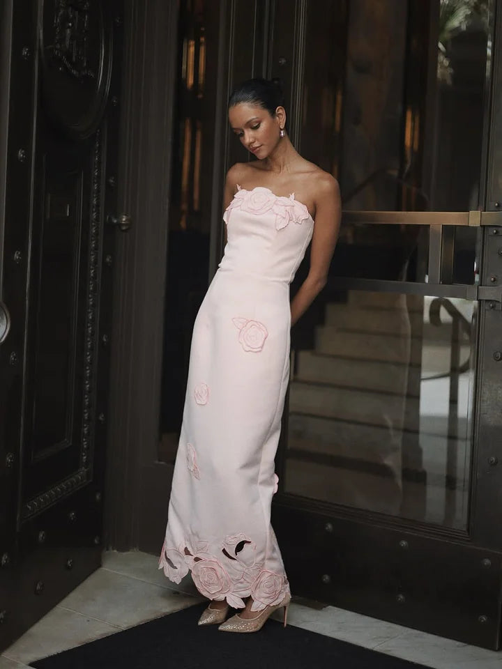 Elegant Strapless 3D Rose Applique Bodycon Maxi Prom Dress For Formal Evening Wedding Guest