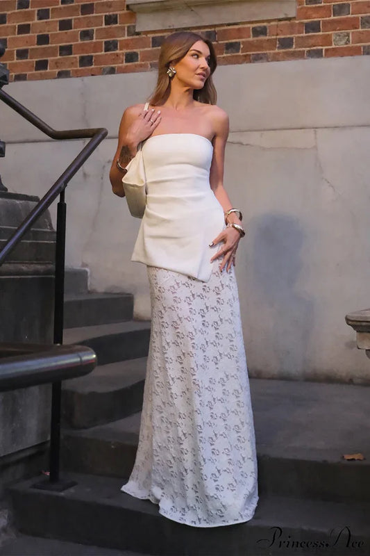 Elegant Strapless Asymmetric Peplum Lace Hem Bodycon Maxi Prom Dress For Wedding Guest Bridal Shower Formal Evening