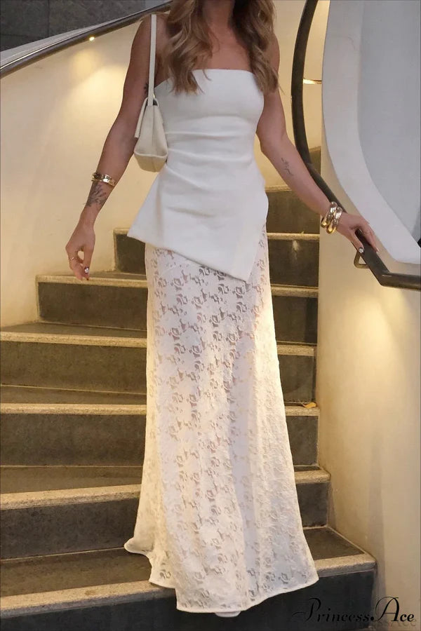 Elegant Strapless Asymmetric Peplum Lace Hem Bodycon Maxi Prom Dress For Wedding Guest Bridal Shower Formal Evening